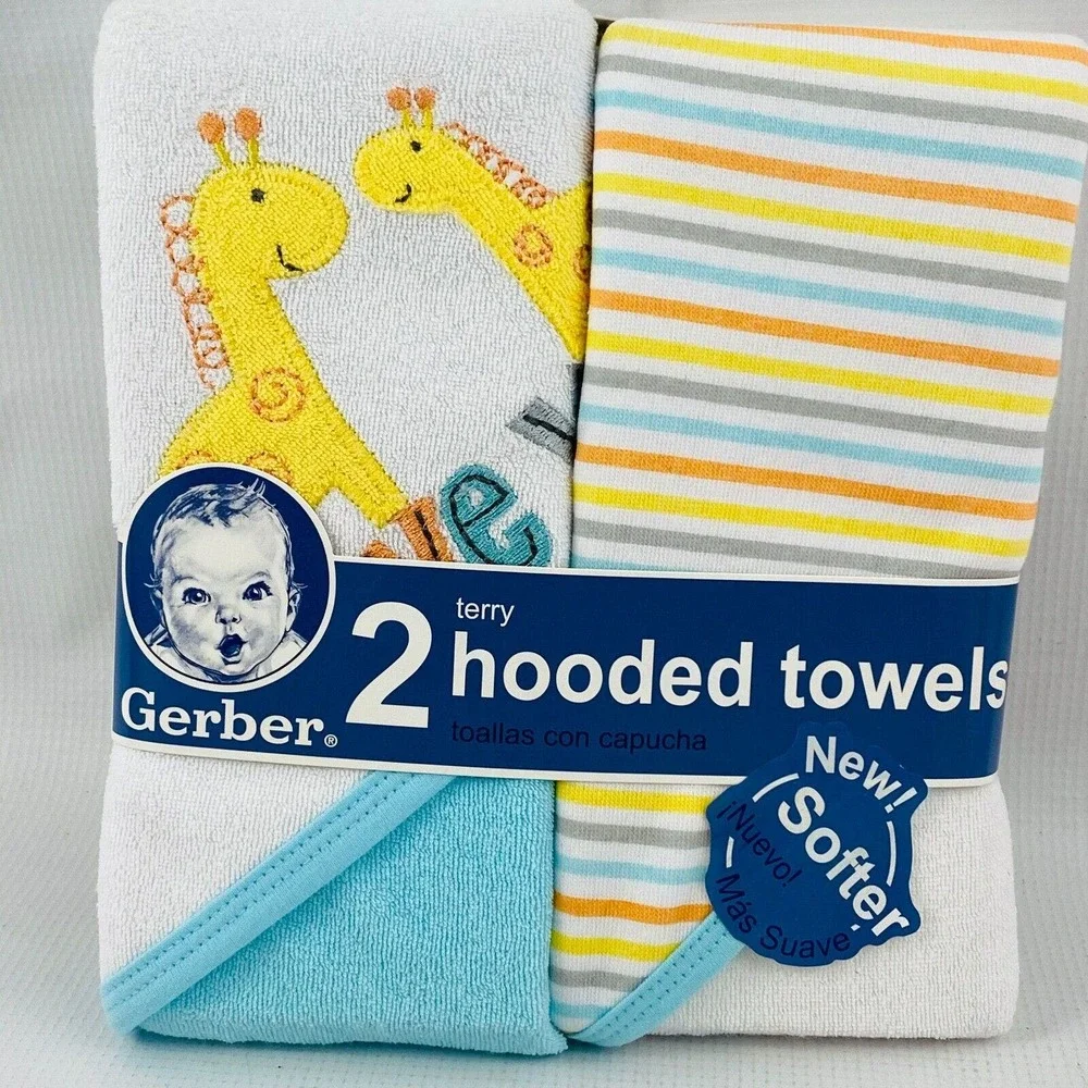 Gerber Baby Terry Hooded Towels & Reusable Flannel Wipes Lot Giraffe Stripes New